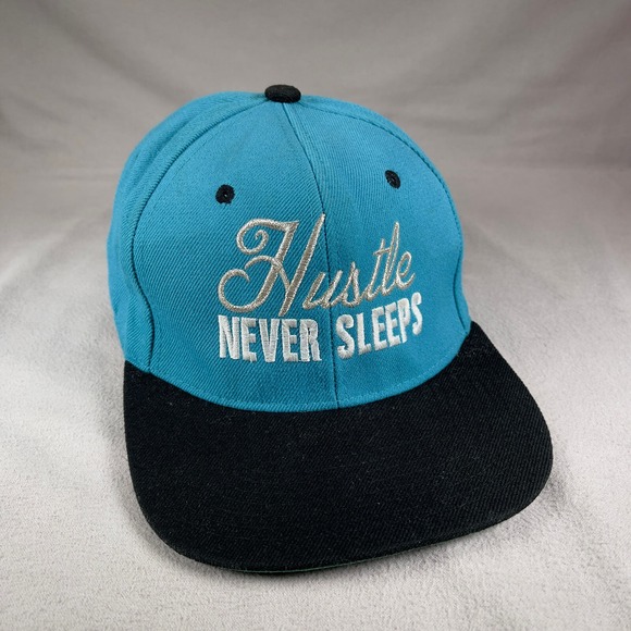 Hustle Never Sleeps Hat Mens One Size Blue Snapback Cap City Hunters Embroidered - Picture 1 of 11